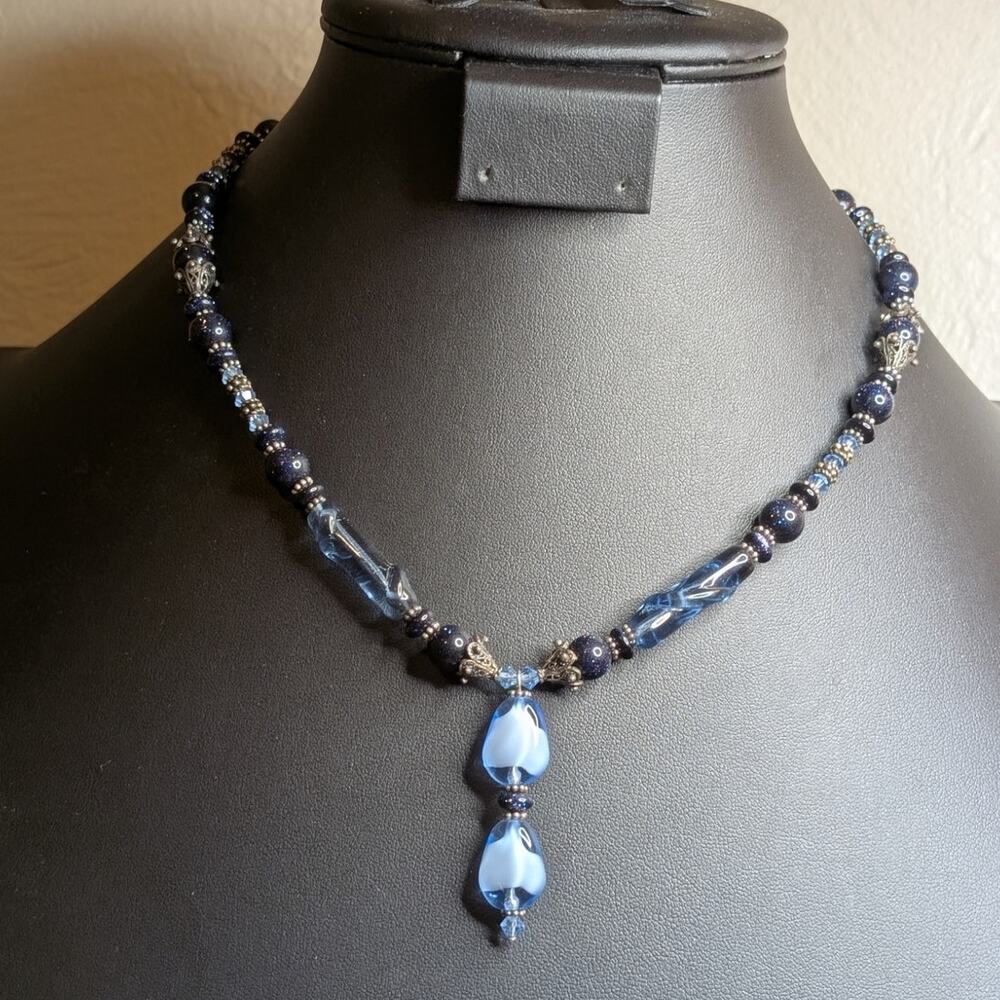 Blue Fused Glass Dangle Gold Stone Crystal Beaded 18" Necklace W/ Toggle Clasp